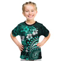 Fiji Masi Paisley Kid T Shirt Fijian Hibiscus Tapa Turquoise Version LT01 Turquoise - Polynesian Pride