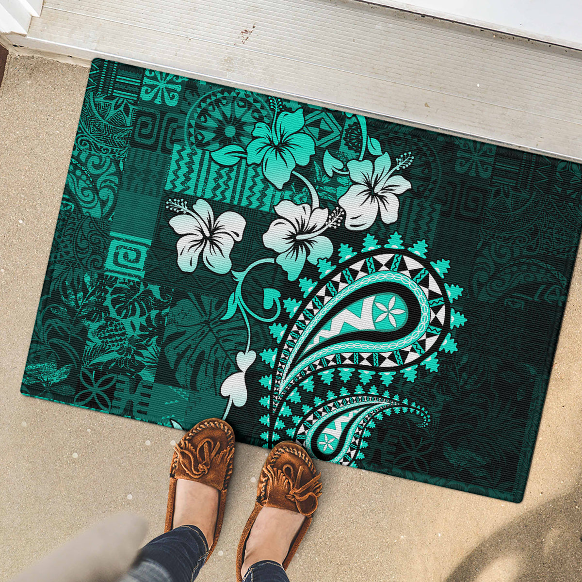 Fiji Masi Paisley Rubber Doormat Fijian Hibiscus Tapa Turquoise Version LT01 - Polynesian Pride