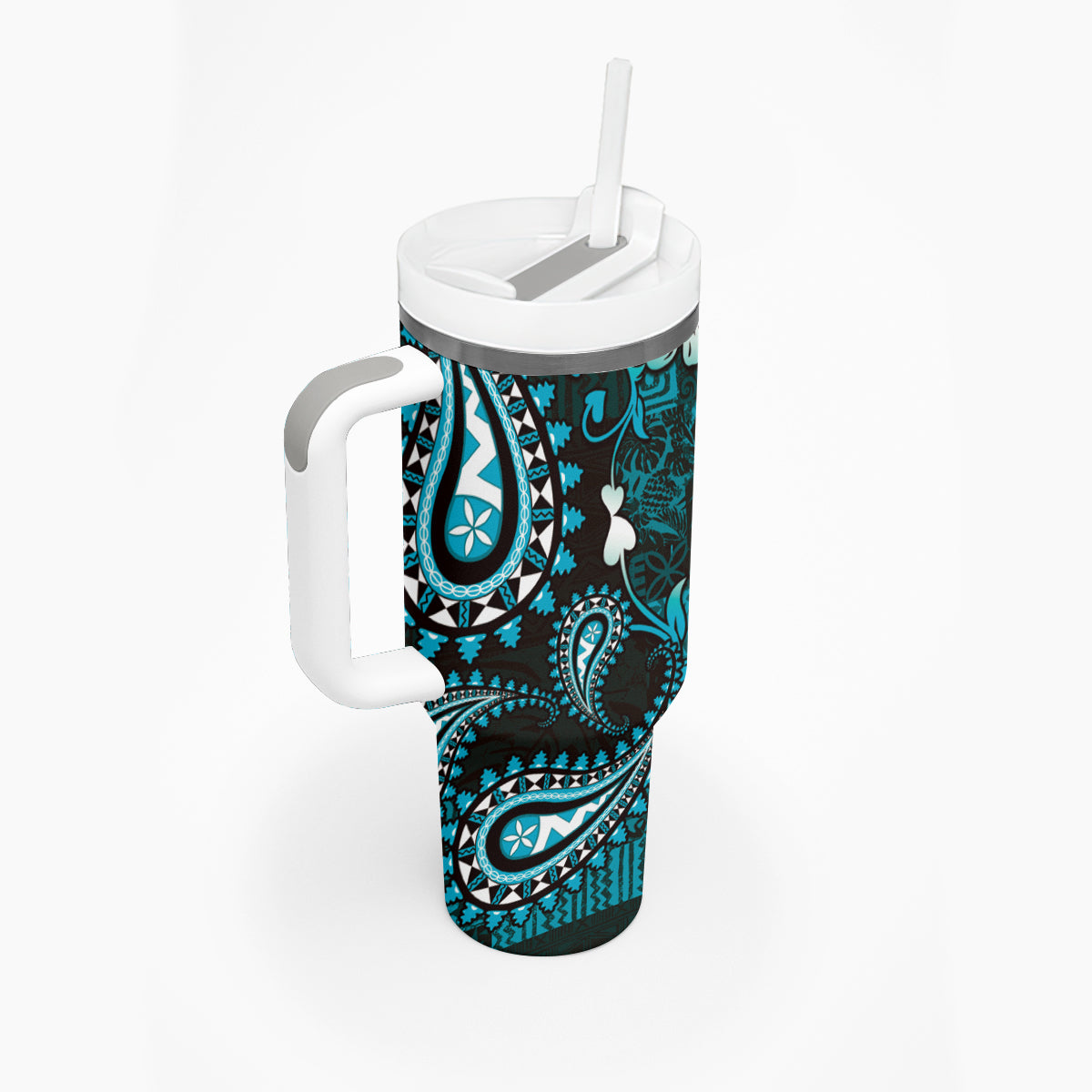 Fiji Masi Paisley Tumbler With Handle Fijian Hibiscus Tapa Turquoise Version