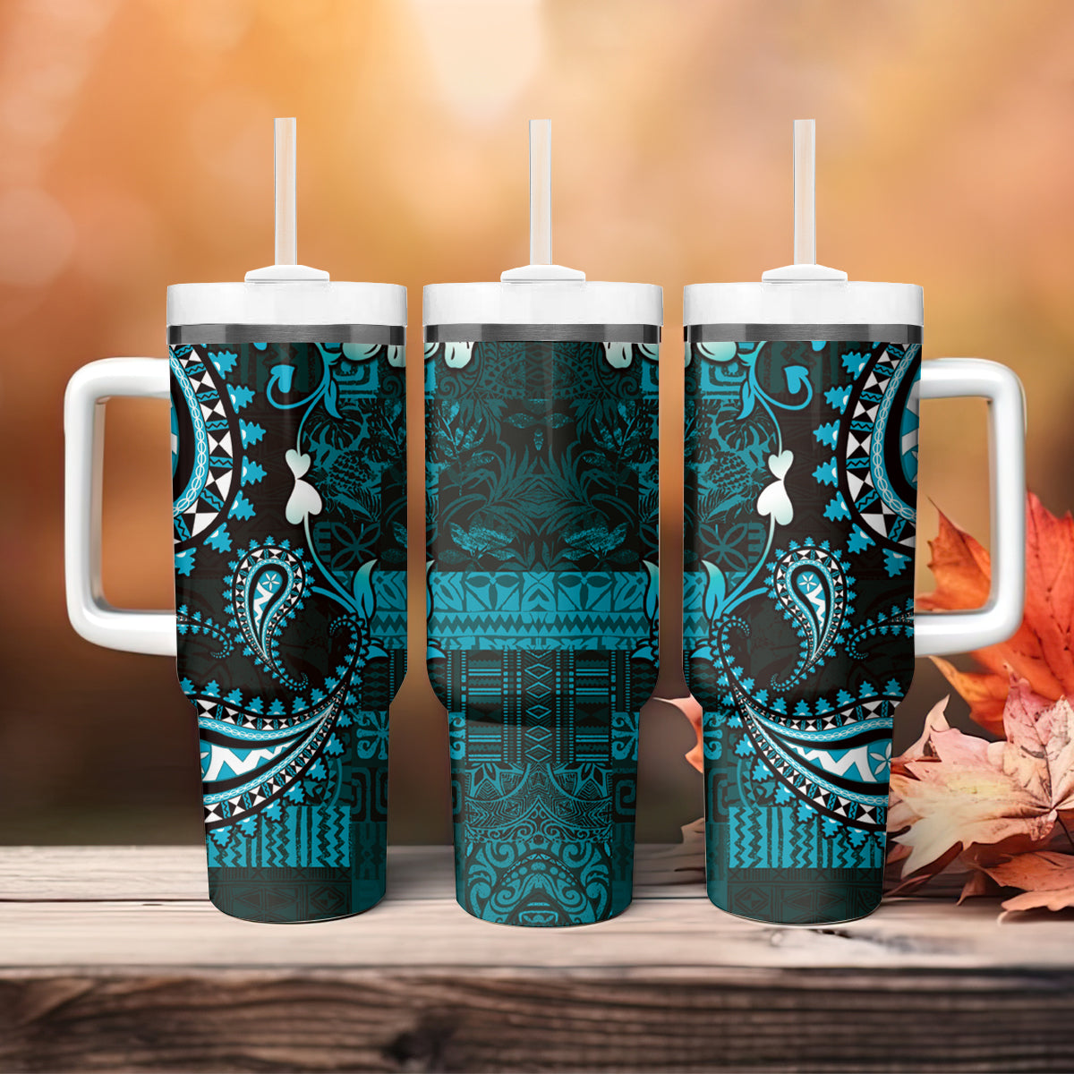 Fiji Masi Paisley Tumbler With Handle Fijian Hibiscus Tapa Turquoise Version
