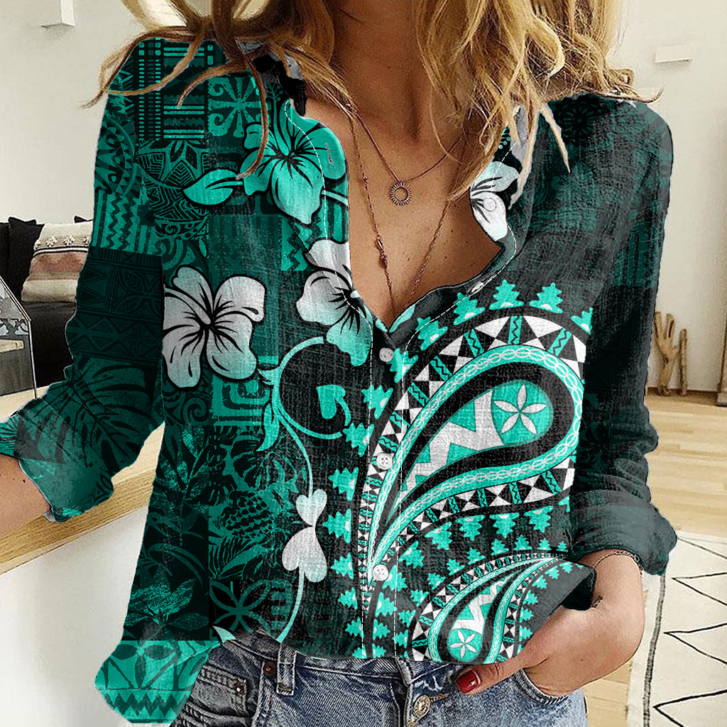 Fiji Masi Paisley Women Casual Shirt Fijian Hibiscus Tapa Turquoise Version LT01 Female Turquoise - Polynesian Pride