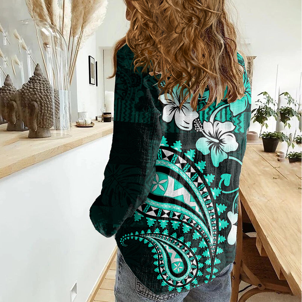 Fiji Masi Paisley Women Casual Shirt Fijian Hibiscus Tapa Turquoise Version LT01 - Polynesian Pride