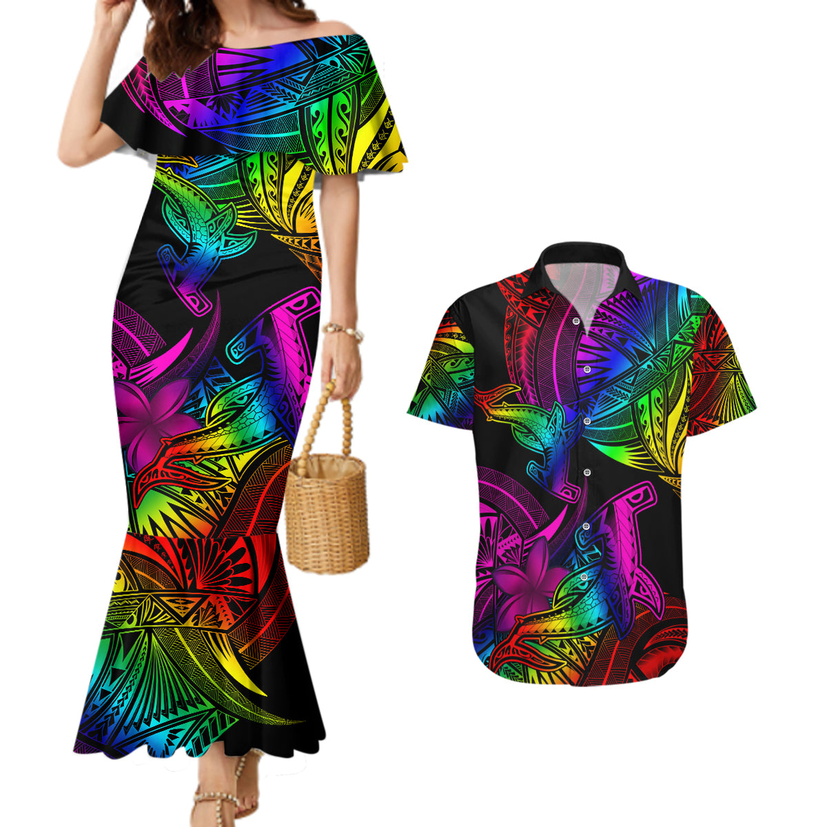 LGBT History Month Couples Matching Mermaid Dress and Hawaiian Shirt Polynesian Hammerhead Shark LT01 Rainbow - Polynesian Pride