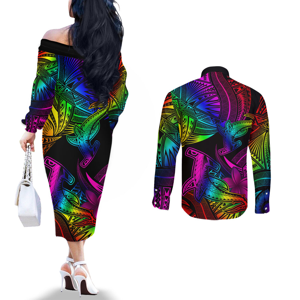 LGBT History Month Couples Matching Off The Shoulder Long Sleeve Dress and Long Sleeve Button Shirt Polynesian Hammerhead Shark LT01 - Polynesian Pride