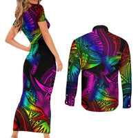 LGBT History Month Couples Matching Short Sleeve Bodycon Dress and Long Sleeve Button Shirt Polynesian Hammerhead Shark LT01