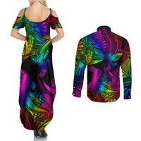 LGBT History Month Couples Matching Summer Maxi Dress and Long Sleeve Button Shirt Polynesian Hammerhead Shark LT01 - Polynesian Pride