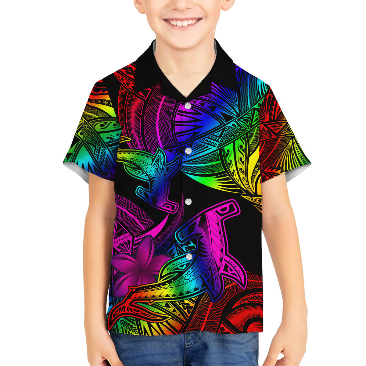 LGBT History Month Family Matching Off Shoulder Short Dress and Hawaiian Shirt Polynesian Hammerhead Shark LT01 Son's Shirt Rainbow - Polynesian Pride