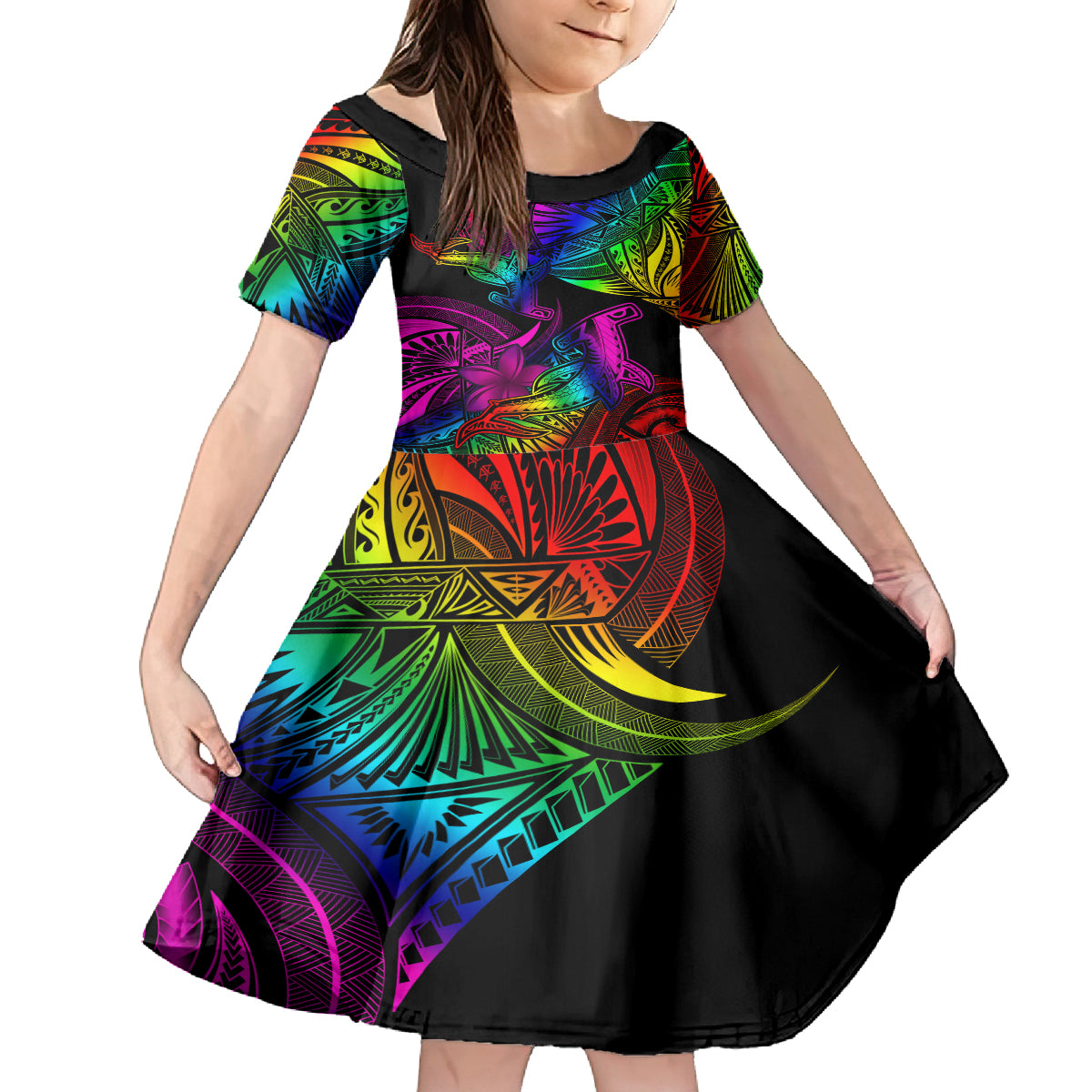 LGBT History Month Kid Short Sleeve Dress Polynesian Hammerhead Shark LT01 KID Rainbow - Polynesian Pride