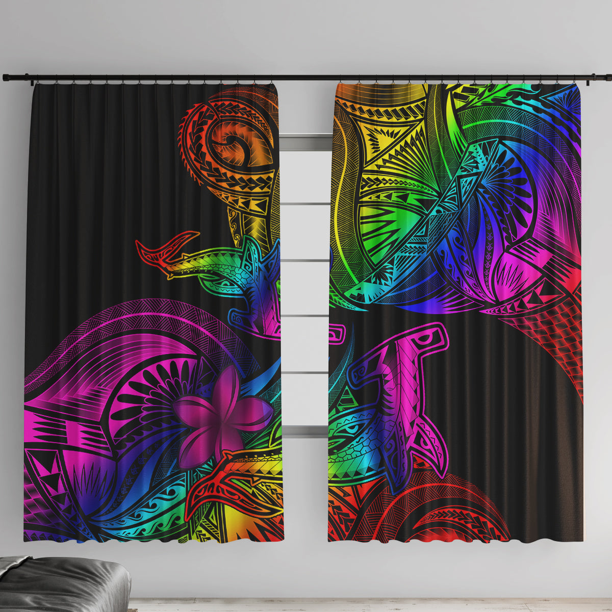 LGBT History Month Window Curtain Polynesian Hammerhead Shark LT01 With Hooks Rainbow - Polynesian Pride