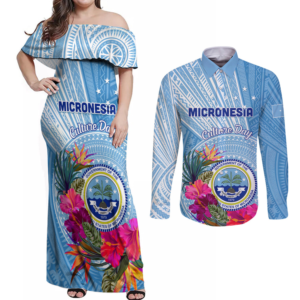 Micronesia Culture Day Couples Matching Off Shoulder Maxi Dress and Long Sleeve Button Shirt Tribal Pattern Tropical Style LT01 Blue - Polynesian Pride