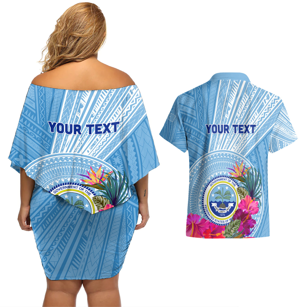 Micronesia Culture Day Couples Matching Off Shoulder Short Dress and Hawaiian Shirt Tribal Pattern Tropical Style LT01 - Polynesian Pride