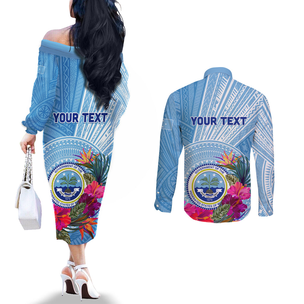 Micronesia Culture Day Couples Matching Off The Shoulder Long Sleeve Dress and Long Sleeve Button Shirt Tribal Pattern Tropical Style LT01 - Polynesian Pride