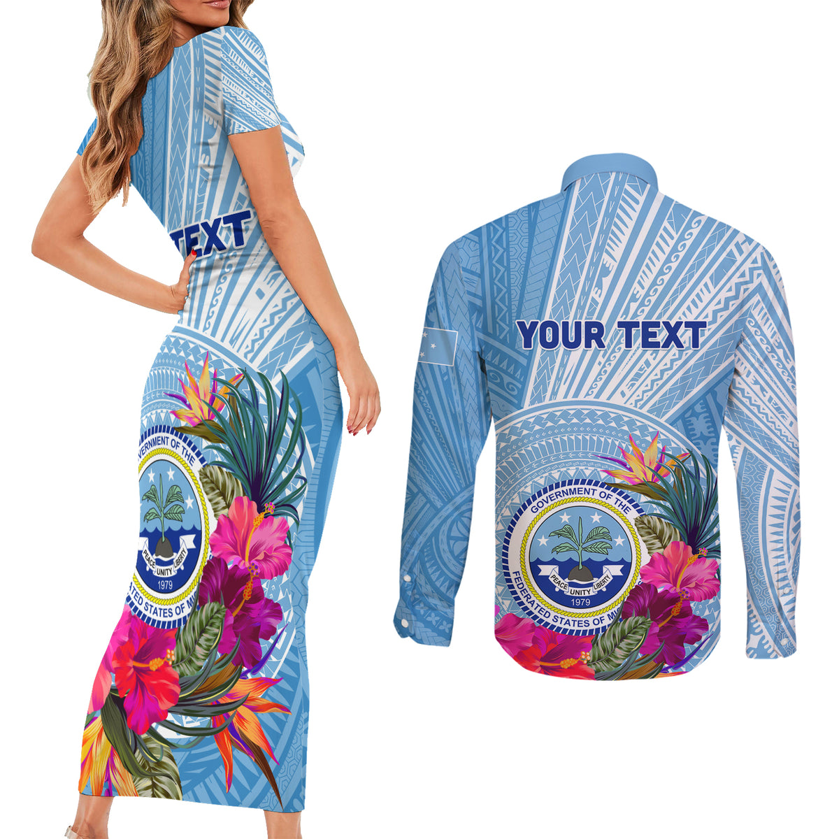 Micronesia Culture Day Couples Matching Short Sleeve Bodycon Dress and Long Sleeve Button Shirt Tribal Pattern Tropical Style LT01 - Polynesian Pride