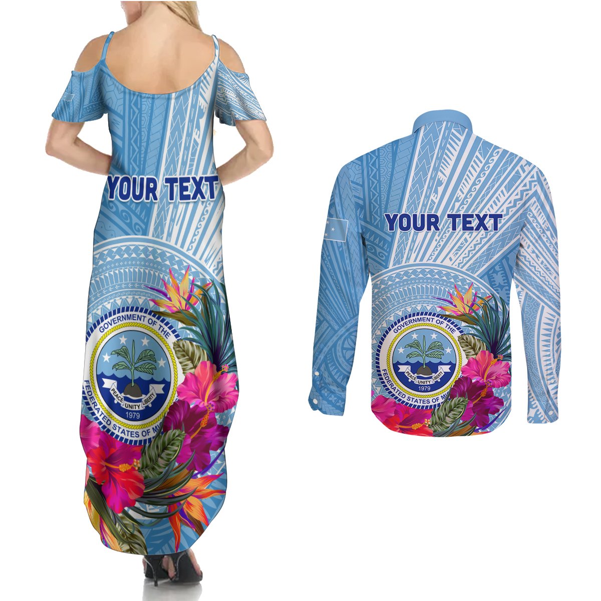 Micronesia Culture Day Couples Matching Summer Maxi Dress and Long Sleeve Button Shirt Tribal Pattern Tropical Style LT01 - Polynesian Pride