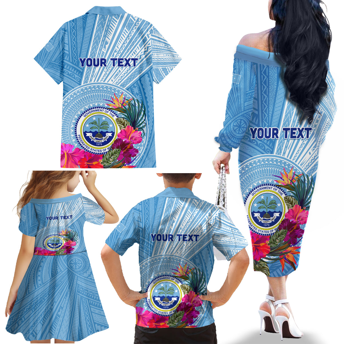 Micronesia Culture Day Family Matching Off Shoulder Long Sleeve Dress and Hawaiian Shirt Tribal Pattern Tropical Style LT01 - Polynesian Pride