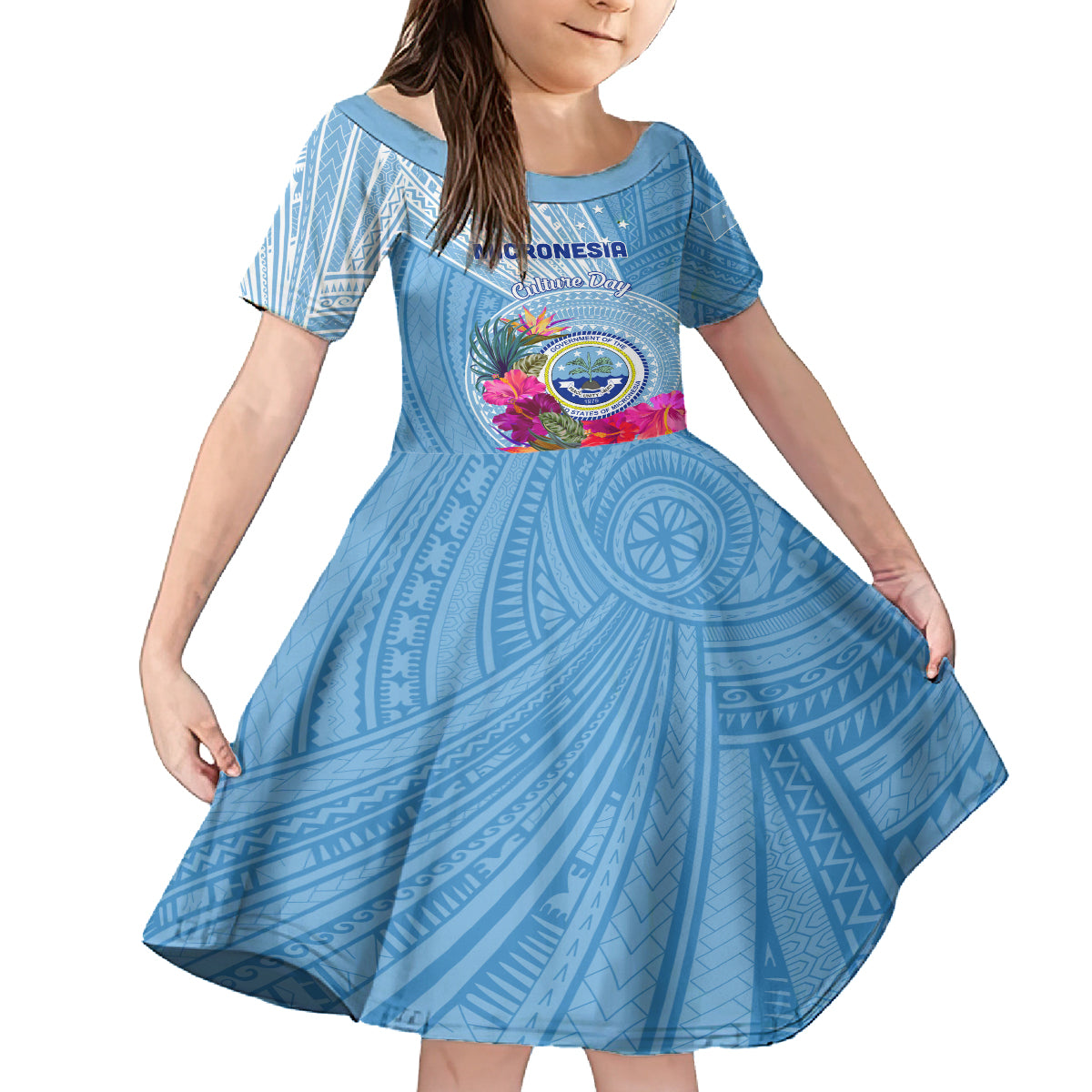 Micronesia Culture Day Family Matching Off Shoulder Short Dress and Hawaiian Shirt Tribal Pattern Tropical Style LT01 Daughter's Dress Blue - Polynesian Pride