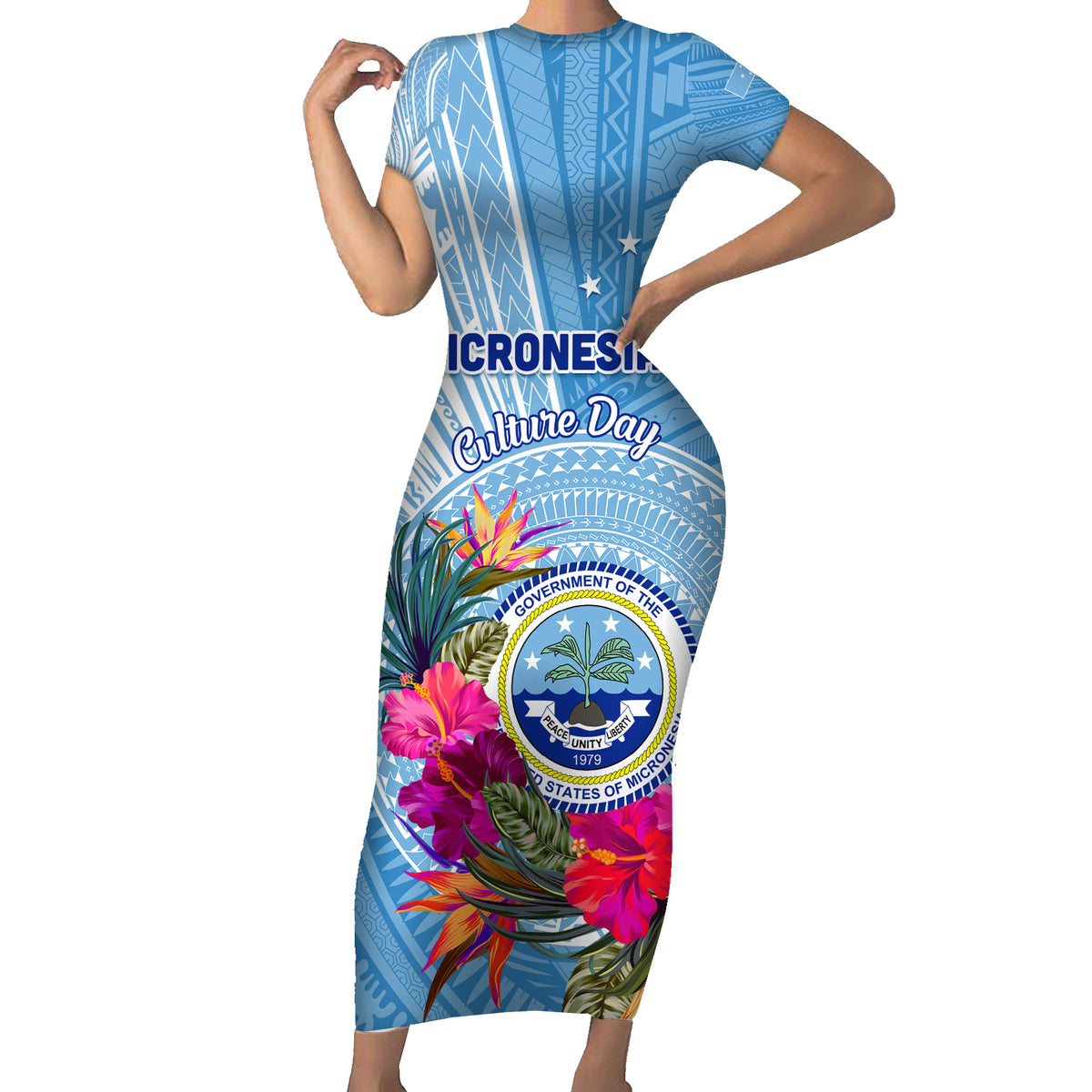 Micronesia Culture Day Short Sleeve Bodycon Dress Tribal Pattern Tropical Style LT01 Long Dress Blue - Polynesian Pride