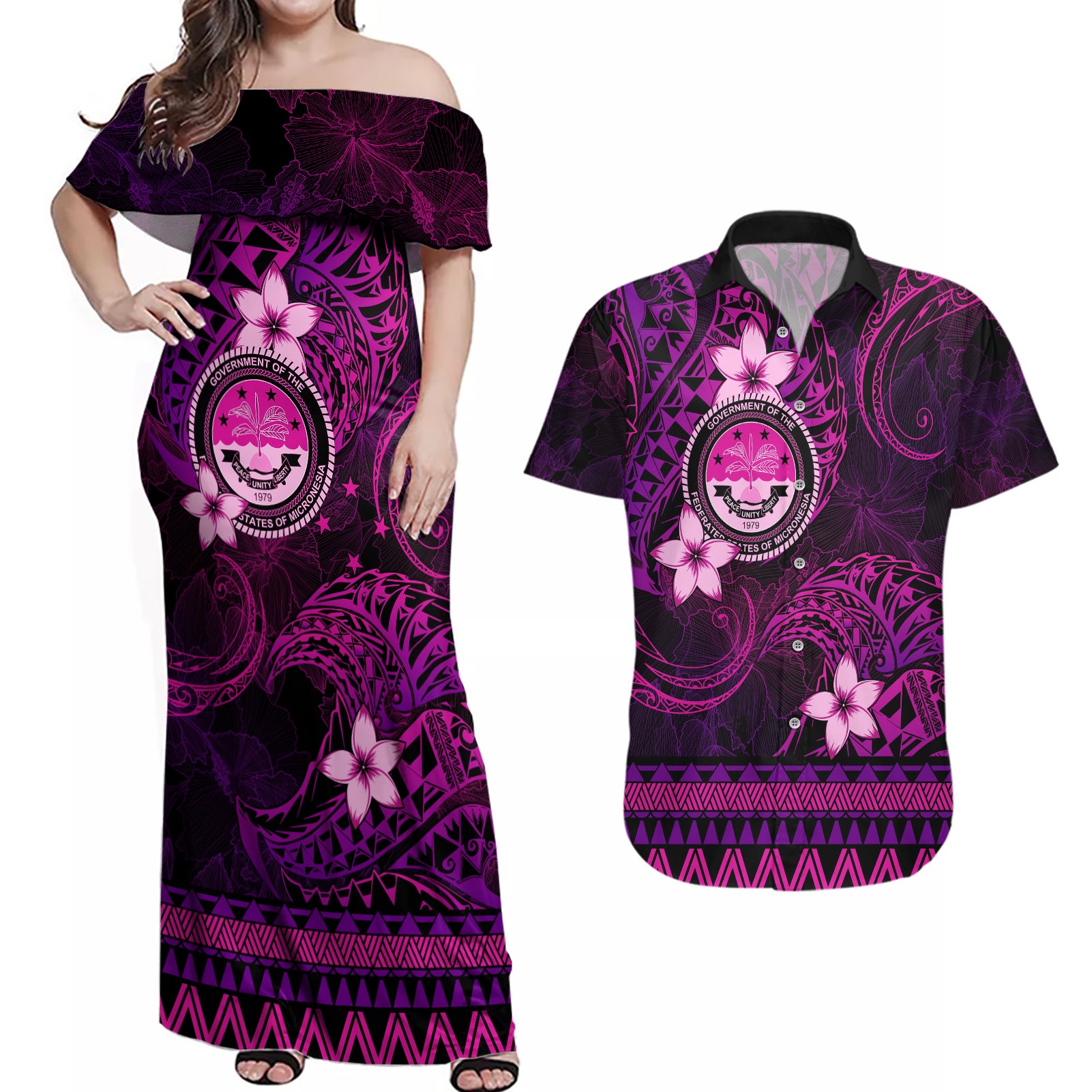 FSM Culture Day Couples Matching Off Shoulder Maxi Dress and Hawaiian Shirt Tribal Pattern Pink Version LT01 Pink - Polynesian Pride
