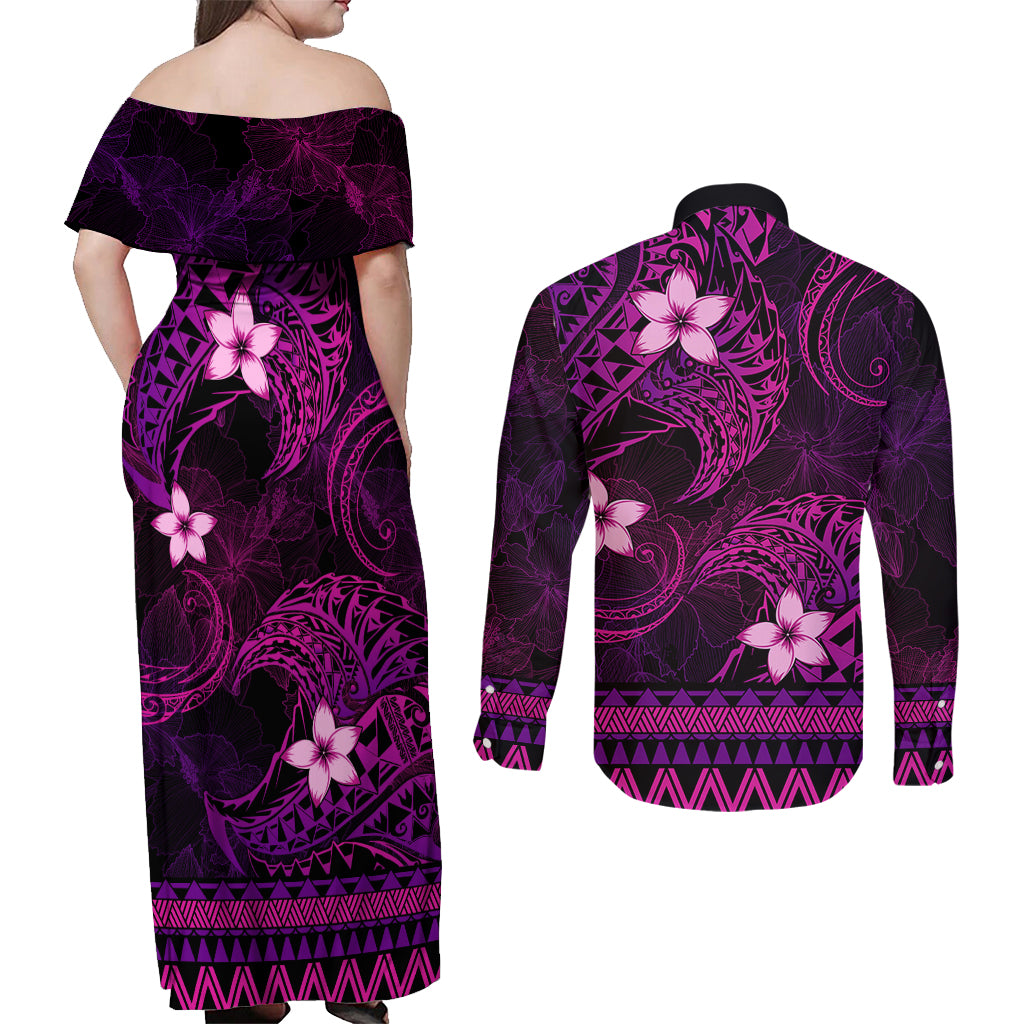 FSM Culture Day Couples Matching Off Shoulder Maxi Dress and Long Sleeve Button Shirt Tribal Pattern Pink Version LT01 - Polynesian Pride