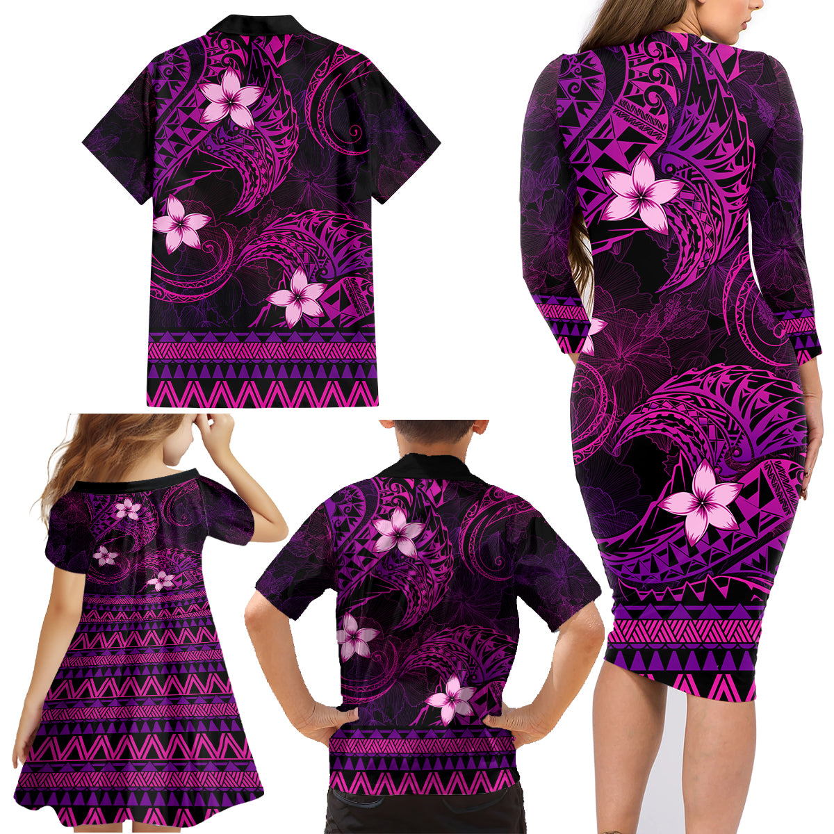 FSM Culture Day Family Matching Long Sleeve Bodycon Dress and Hawaiian Shirt Tribal Pattern Pink Version LT01 - Polynesian Pride