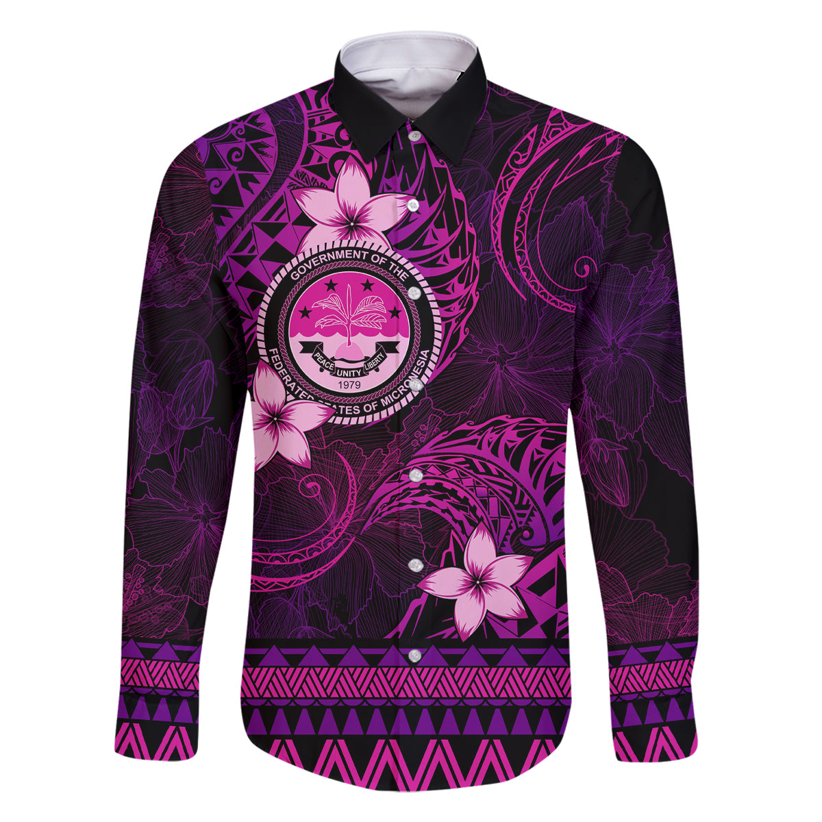 FSM Culture Day Family Matching Off Shoulder Maxi Dress and Hawaiian Shirt Tribal Pattern Pink Version LT01 Dad's Shirt - Long Sleeve Pink - Polynesian Pride