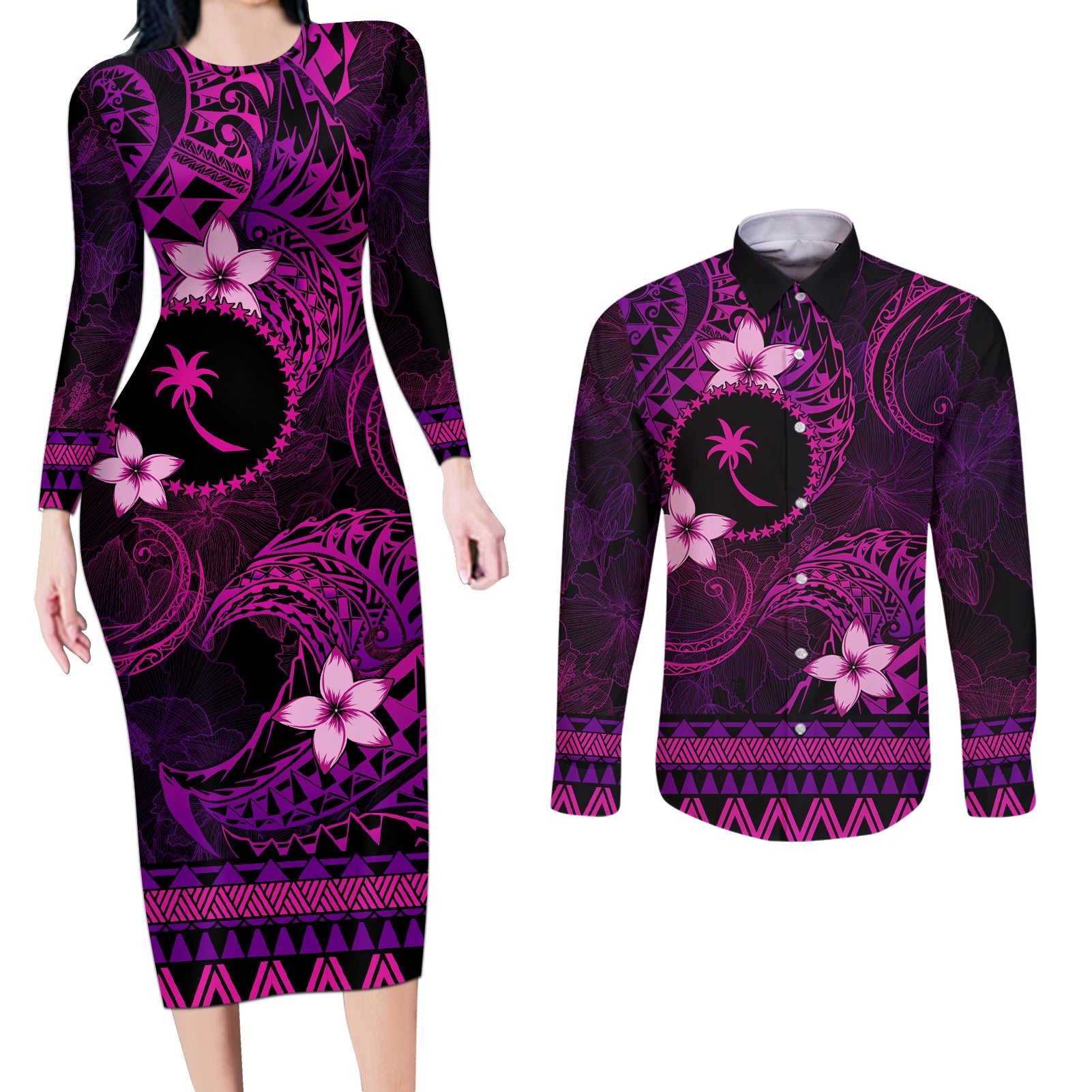 FSM Chuuk State Couples Matching Long Sleeve Bodycon Dress and Long Sleeve Button Shirt Tribal Pattern Pink Version LT01 Pink - Polynesian Pride