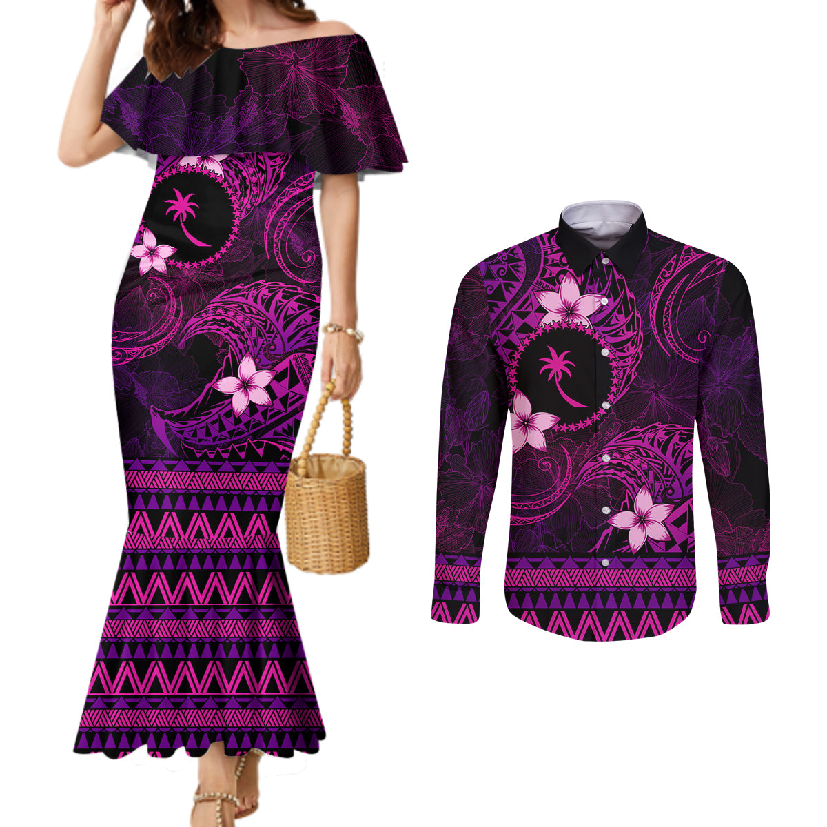 FSM Chuuk State Couples Matching Mermaid Dress and Long Sleeve Button Shirt Tribal Pattern Pink Version LT01 Pink - Polynesian Pride