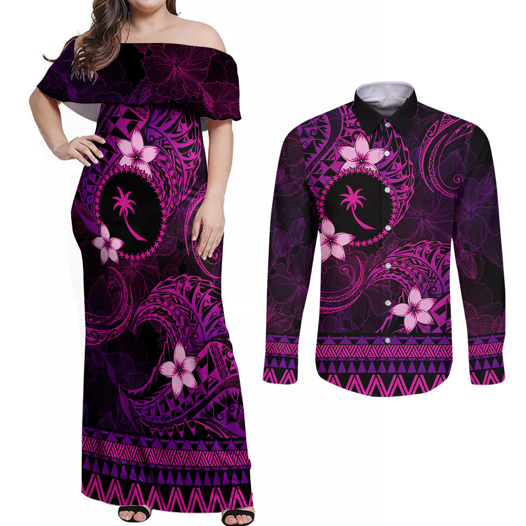 FSM Chuuk State Couples Matching Off Shoulder Maxi Dress and Long Sleeve Button Shirt Tribal Pattern Pink Version LT01 Pink - Polynesian Pride