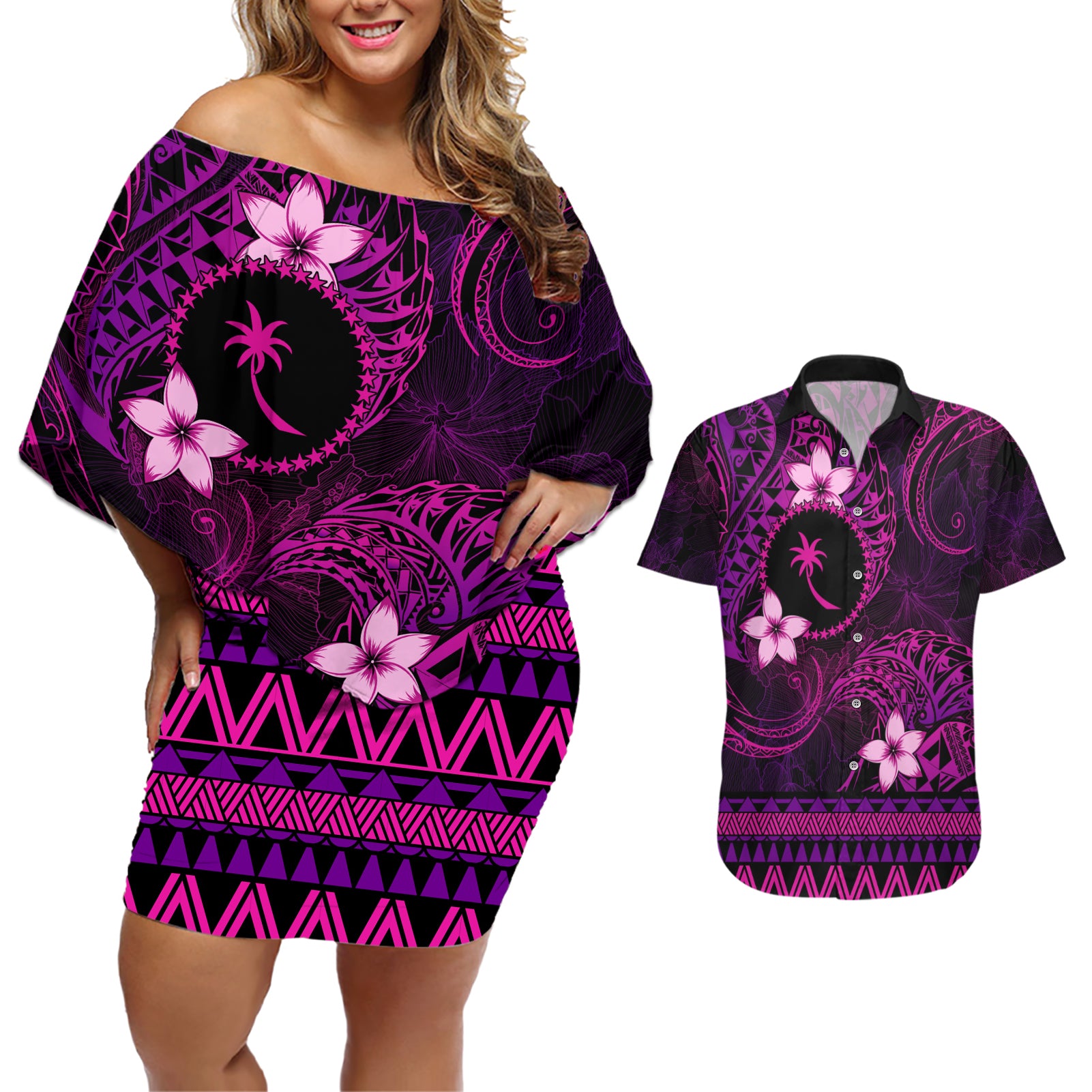 FSM Chuuk State Couples Matching Off Shoulder Short Dress and Hawaiian Shirt Tribal Pattern Pink Version LT01 Pink - Polynesian Pride