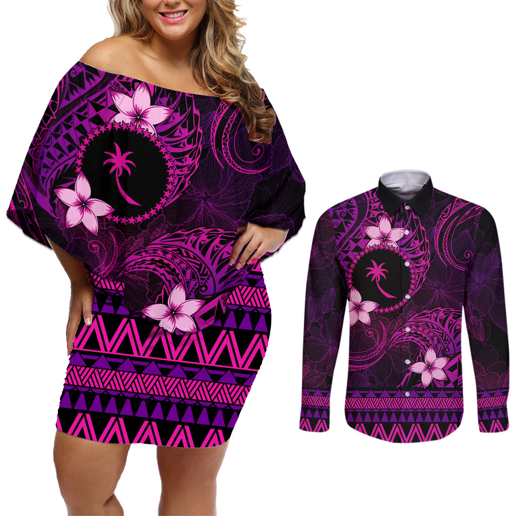 FSM Chuuk State Couples Matching Off Shoulder Short Dress and Long Sleeve Button Shirt Tribal Pattern Pink Version LT01 Pink - Polynesian Pride