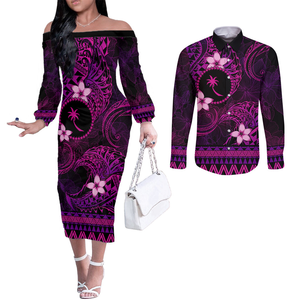 FSM Chuuk State Couples Matching Off The Shoulder Long Sleeve Dress and Long Sleeve Button Shirt Tribal Pattern Pink Version LT01 Pink - Polynesian Pride