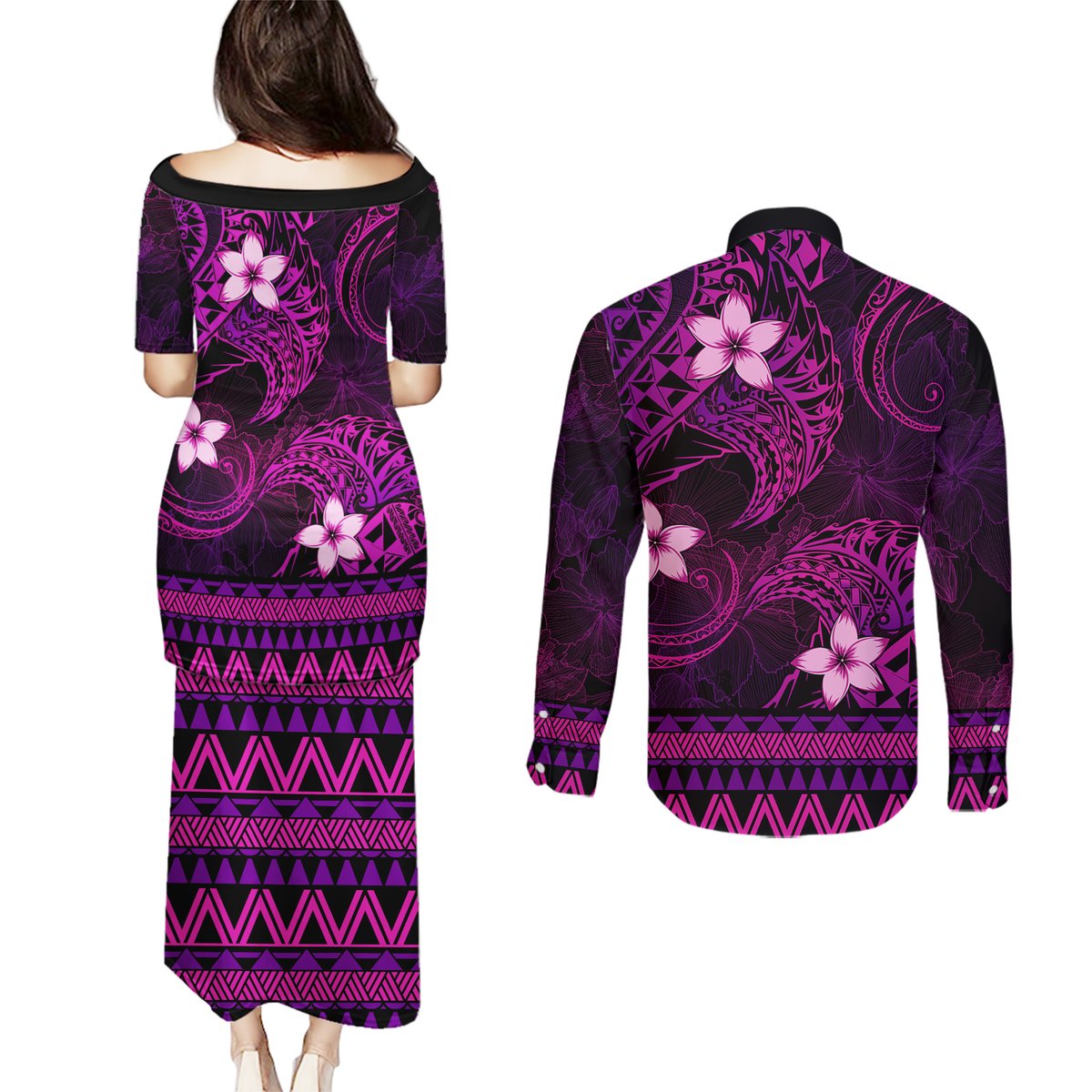 FSM Chuuk State Couples Matching Puletasi and Long Sleeve Button Shirt Tribal Pattern Pink Version LT01 - Polynesian Pride