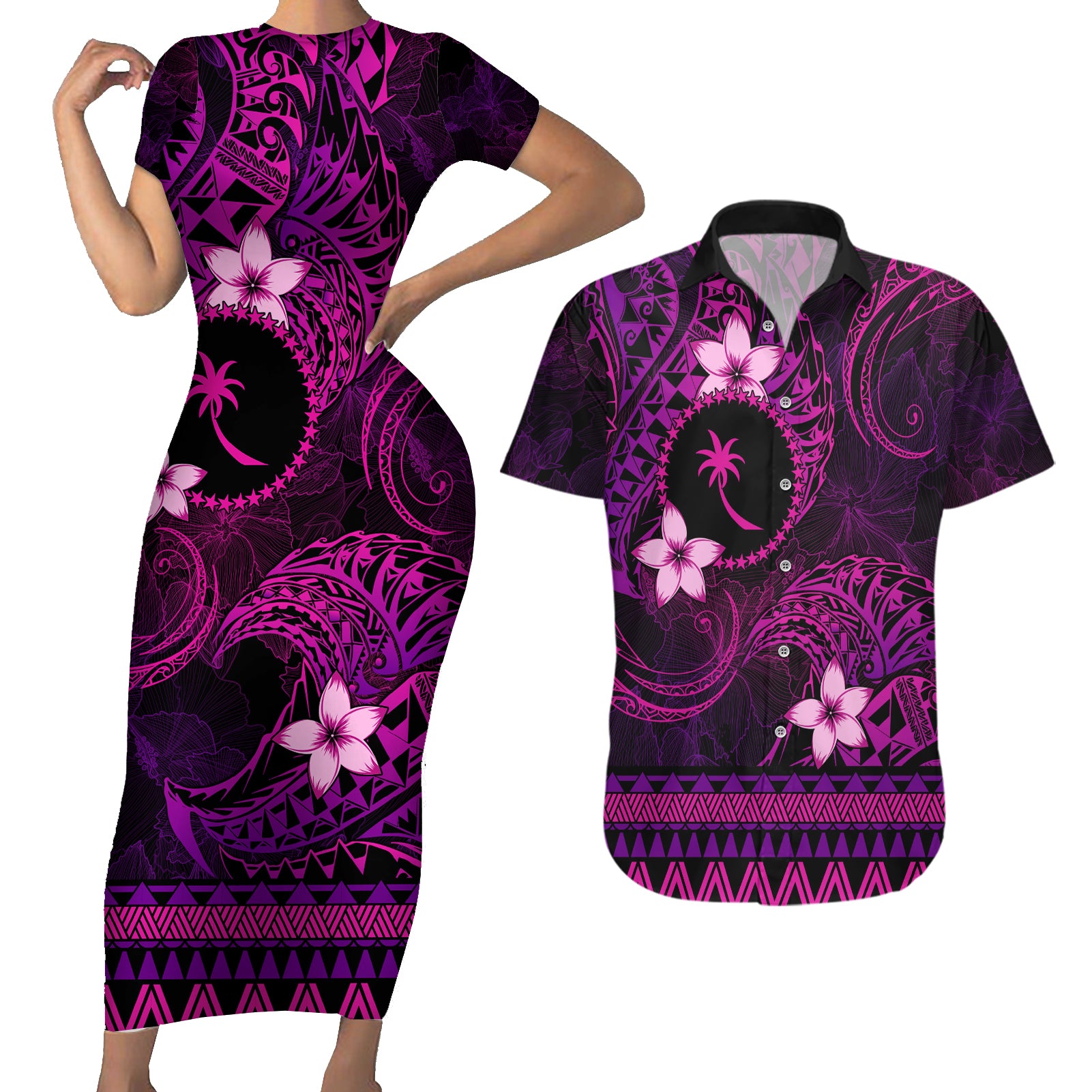 FSM Chuuk State Couples Matching Short Sleeve Bodycon Dress and Hawaiian Shirt Tribal Pattern Pink Version LT01 Pink - Polynesian Pride