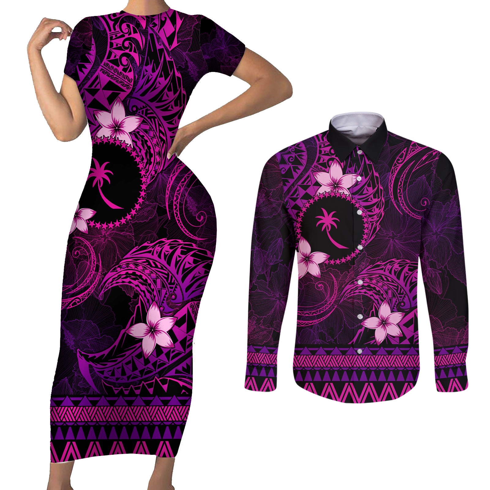 FSM Chuuk State Couples Matching Short Sleeve Bodycon Dress and Long Sleeve Button Shirt Tribal Pattern Pink Version LT01 Pink - Polynesian Pride