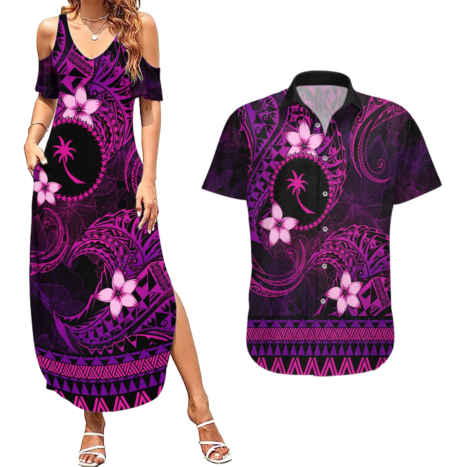 FSM Chuuk State Couples Matching Summer Maxi Dress and Hawaiian Shirt Tribal Pattern Pink Version LT01 Pink - Polynesian Pride
