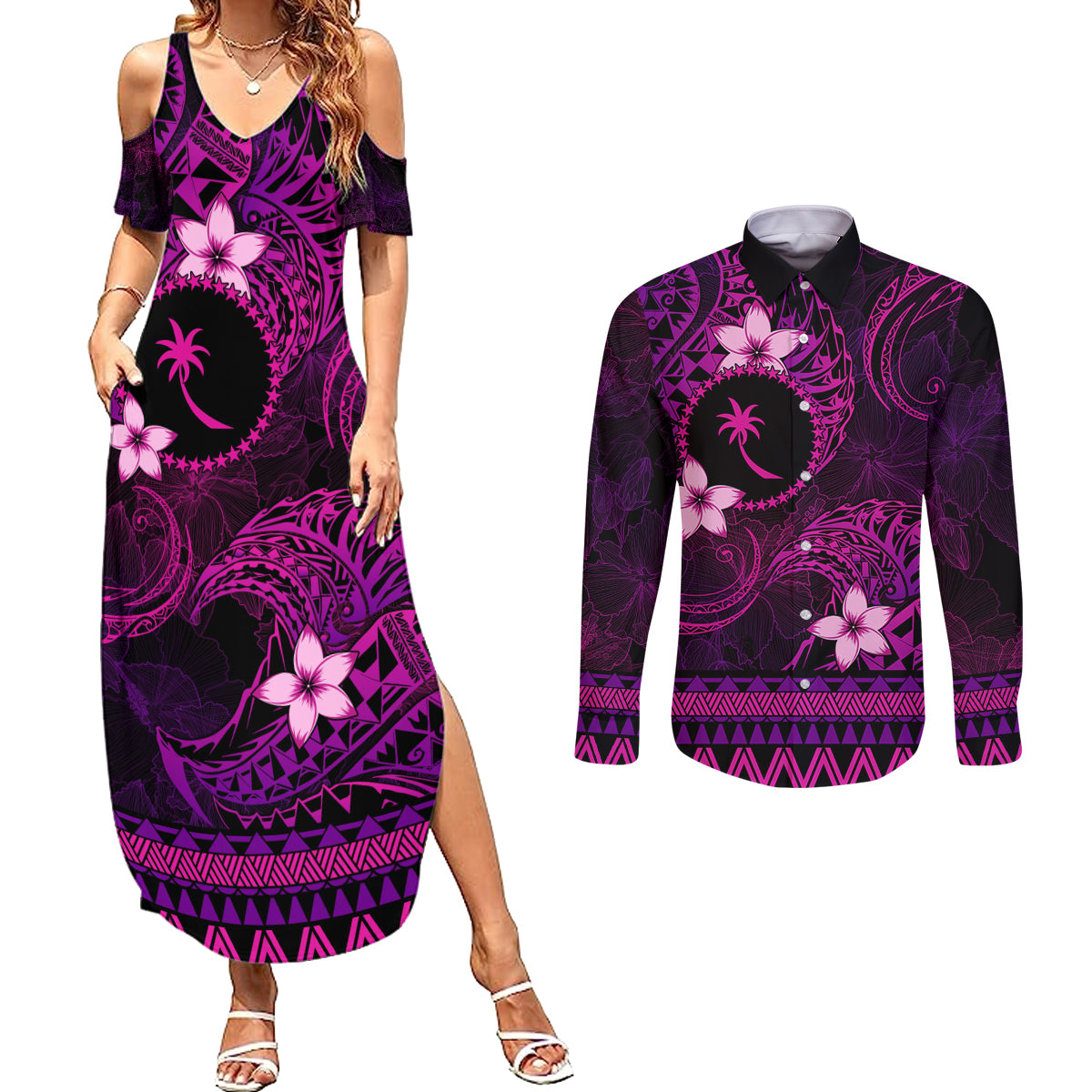 FSM Chuuk State Couples Matching Summer Maxi Dress and Long Sleeve Button Shirt Tribal Pattern Pink Version LT01 Pink - Polynesian Pride