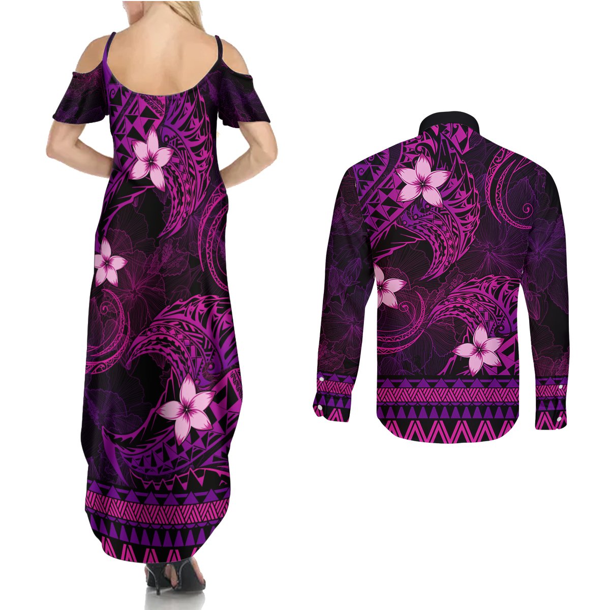 FSM Chuuk State Couples Matching Summer Maxi Dress and Long Sleeve Button Shirt Tribal Pattern Pink Version LT01 - Polynesian Pride