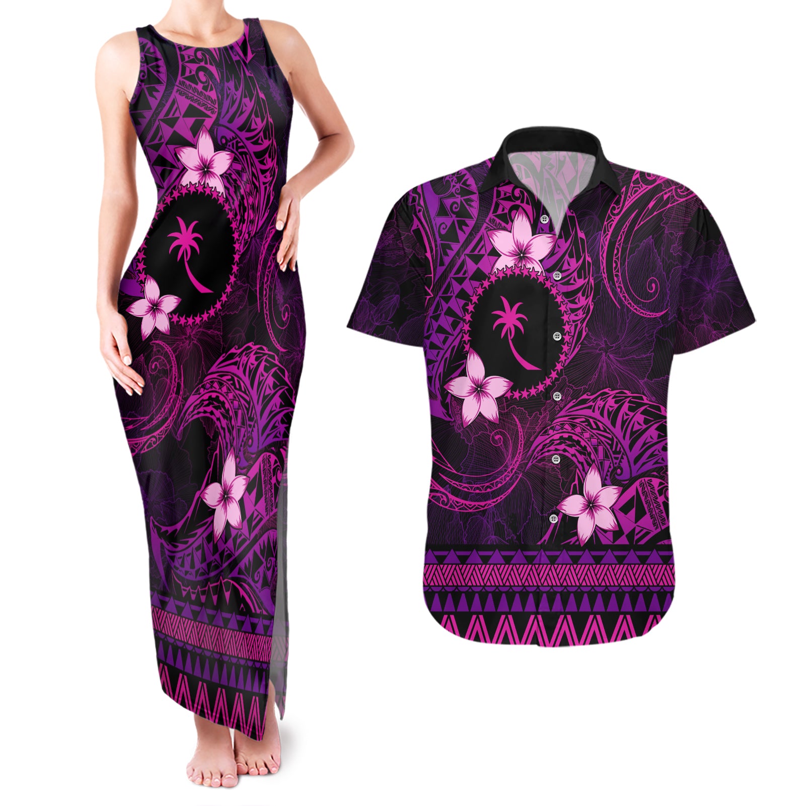 FSM Chuuk State Couples Matching Tank Maxi Dress and Hawaiian Shirt Tribal Pattern Pink Version LT01 Pink - Polynesian Pride