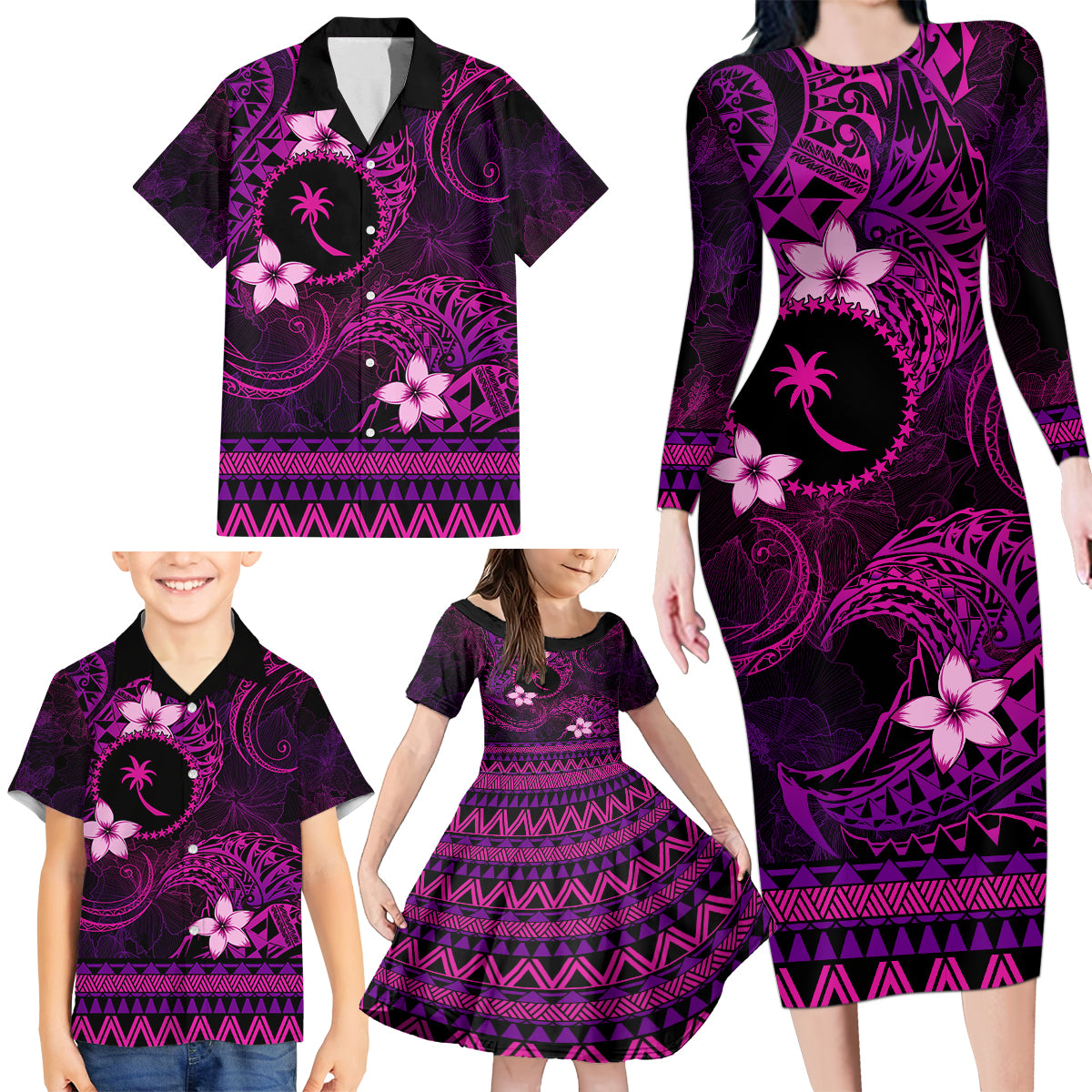 FSM Chuuk State Family Matching Long Sleeve Bodycon Dress and Hawaiian Shirt Tribal Pattern Pink Version LT01 - Polynesian Pride