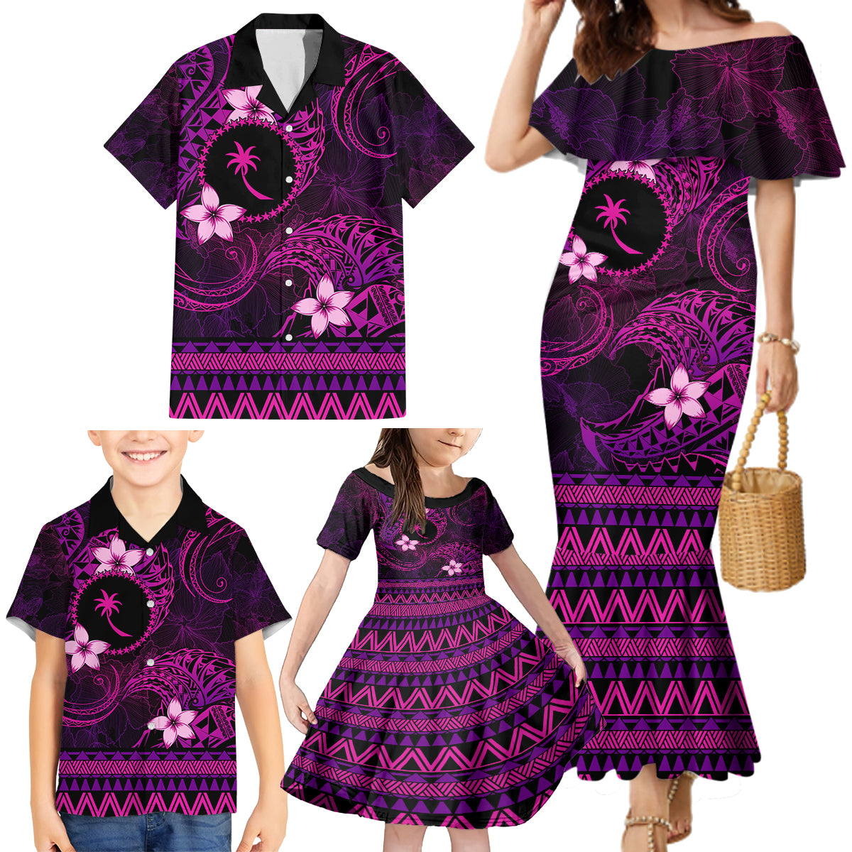 FSM Chuuk State Family Matching Mermaid Dress and Hawaiian Shirt Tribal Pattern Pink Version LT01 - Polynesian Pride