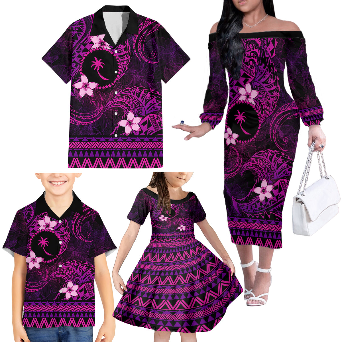 FSM Chuuk State Family Matching Off Shoulder Long Sleeve Dress and Hawaiian Shirt Tribal Pattern Pink Version LT01 - Polynesian Pride