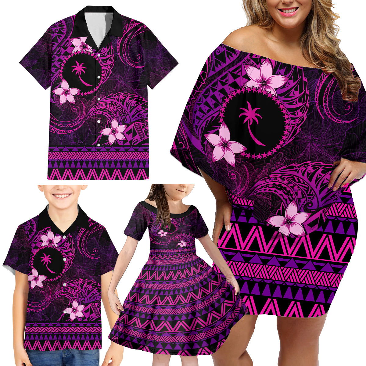 FSM Chuuk State Family Matching Off Shoulder Short Dress and Hawaiian Shirt Tribal Pattern Pink Version LT01 - Polynesian Pride