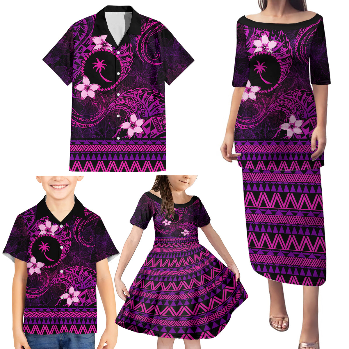 FSM Chuuk State Family Matching Puletasi and Hawaiian Shirt Tribal Pattern Pink Version LT01 - Polynesian Pride