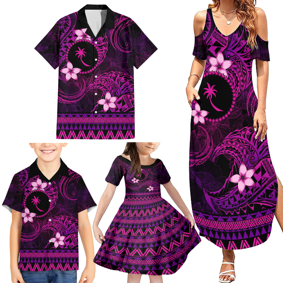 FSM Chuuk State Family Matching Summer Maxi Dress and Hawaiian Shirt Tribal Pattern Pink Version LT01 - Polynesian Pride