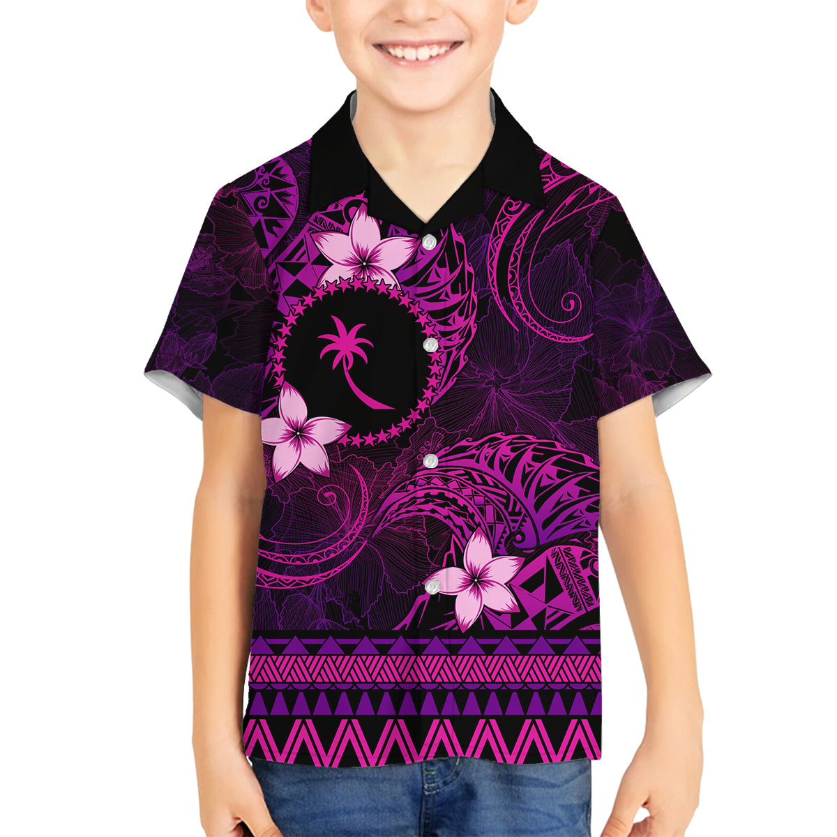 FSM Chuuk State Family Matching Summer Maxi Dress and Hawaiian Shirt Tribal Pattern Pink Version LT01 Son's Shirt Pink - Polynesian Pride