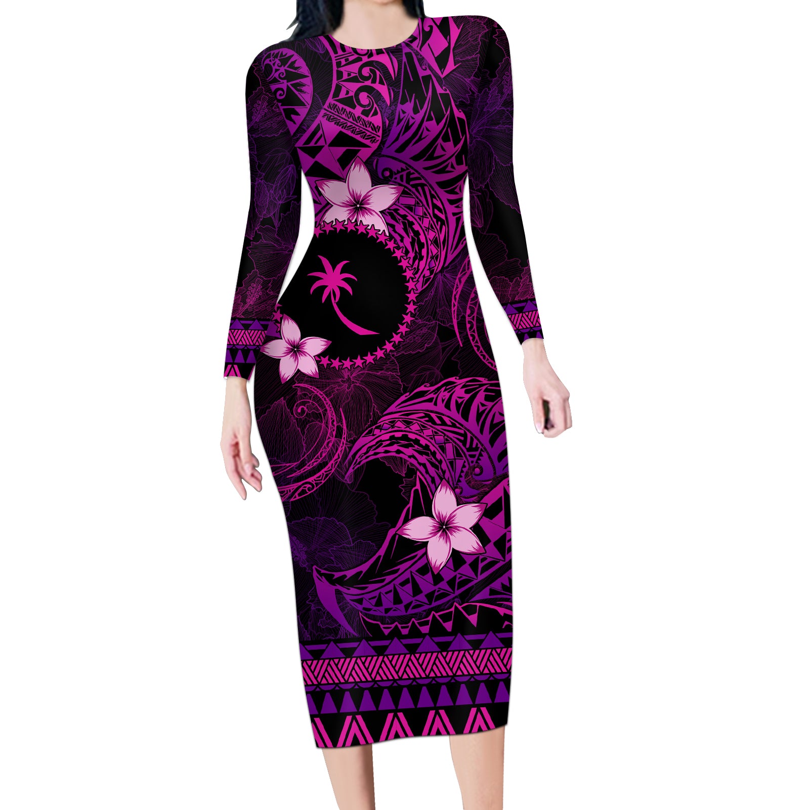 FSM Chuuk State Long Sleeve Bodycon Dress Tribal Pattern Pink Version LT01 Long Dress Pink - Polynesian Pride