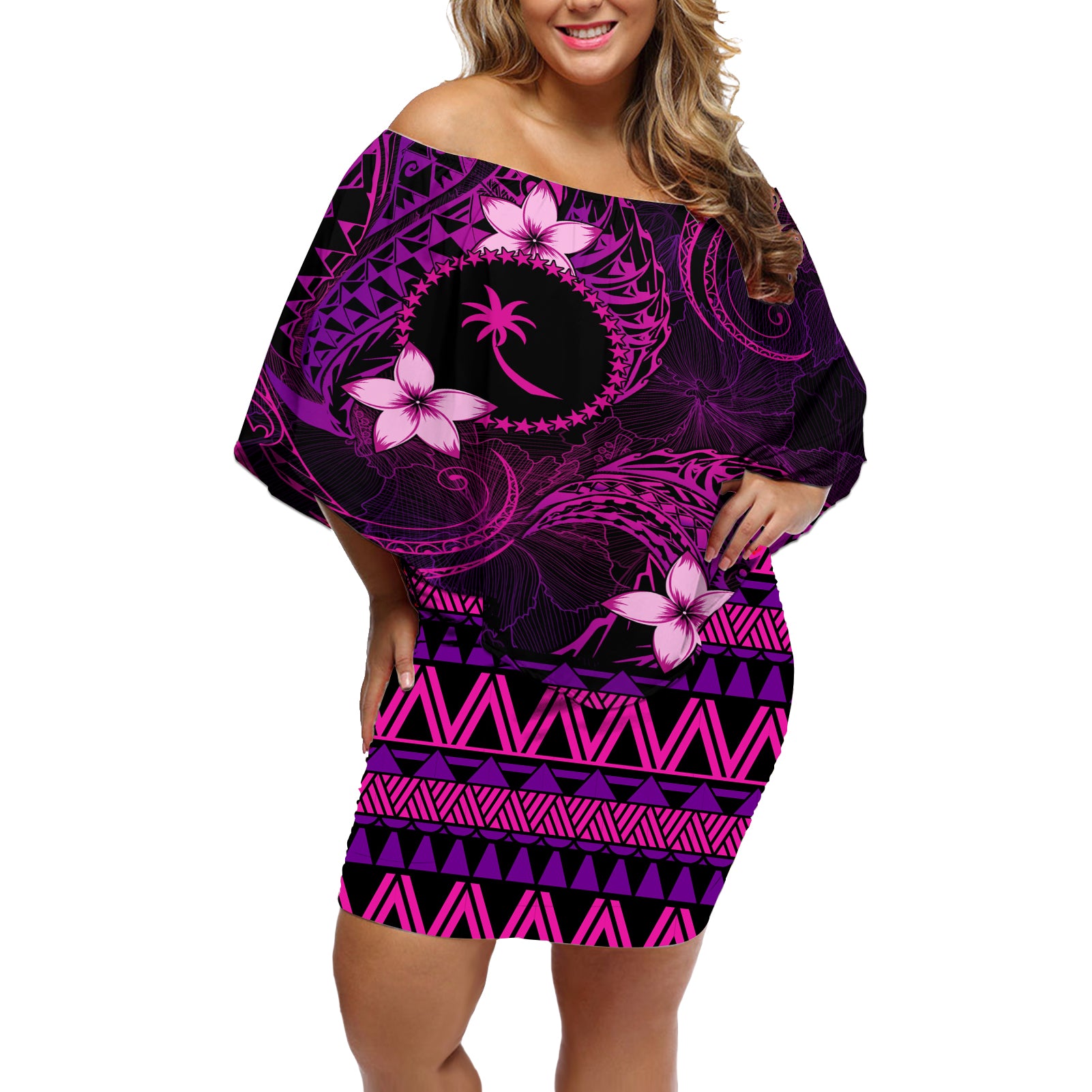 FSM Chuuk State Off Shoulder Short Dress Tribal Pattern Pink Version LT01 Women Pink - Polynesian Pride