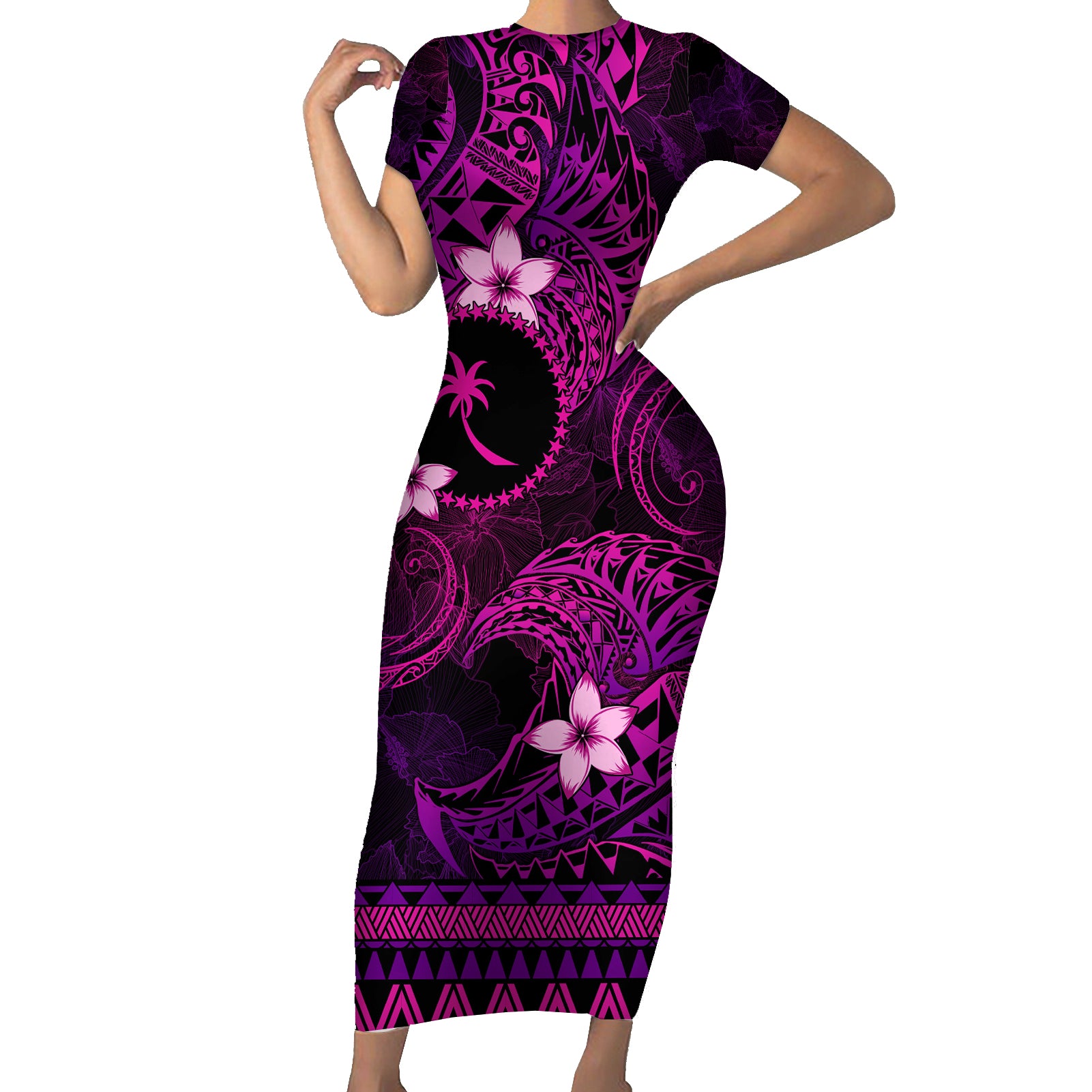 FSM Chuuk State Short Sleeve Bodycon Dress Tribal Pattern Pink Version LT01 Long Dress Pink - Polynesian Pride