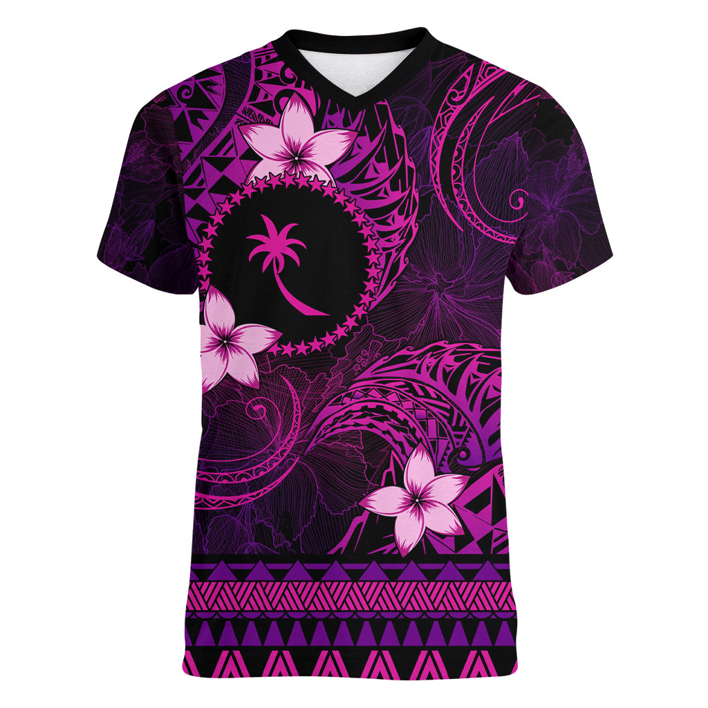 FSM Chuuk State Women V Neck T Shirt Tribal Pattern Pink Version LT01 Female Pink - Polynesian Pride
