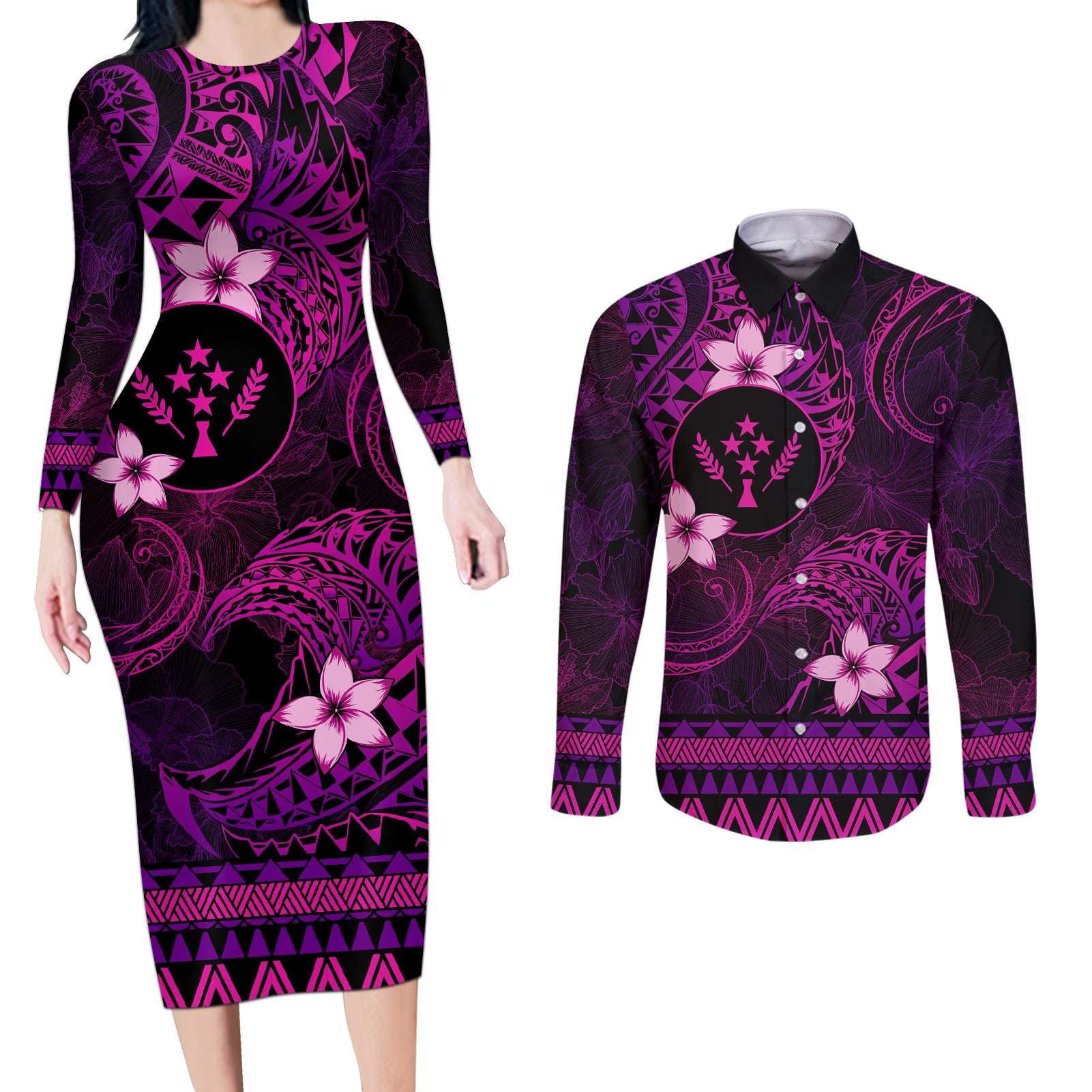 FSM Kosrae State Couples Matching Long Sleeve Bodycon Dress and Long Sleeve Button Shirt Tribal Pattern Pink Version LT01 Pink - Polynesian Pride